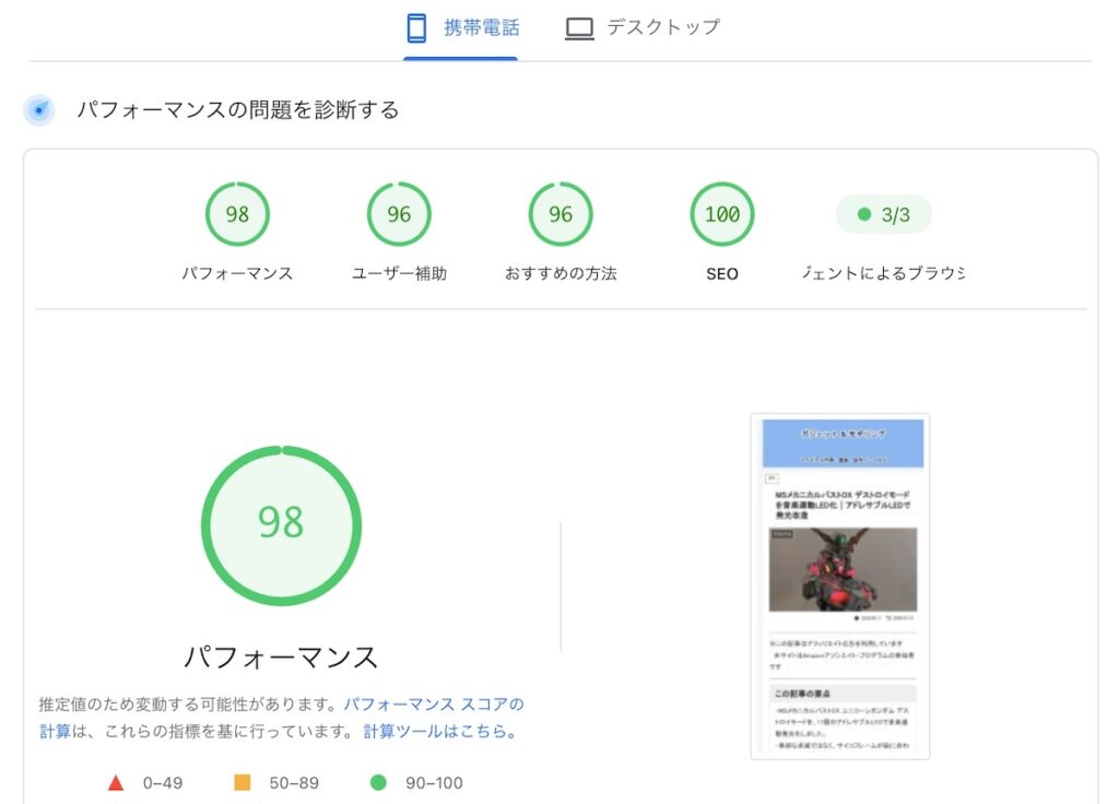 PageSpeed Insightsでガジェット＆モデリングを測定し、モバイルのパフォーマンススコア98となった結果